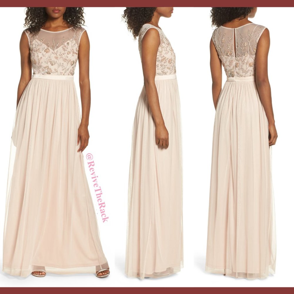 NWT $249 Adrianna‎ Papell Beaded Mesh Gown in Shell [PETITE SZ 8P ]